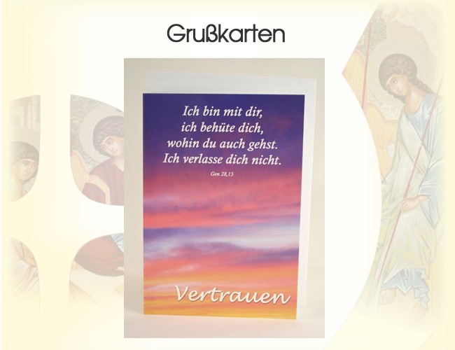 Wir führen ein reichhaltiges Kartensortiment. Die Doppelkarten mit Briefumchlag sind cellophaniert. In unserer Kollektion finden sie zu Anlässen wie Geburt, Taufe, Kommunion, Firmung, Namenstag, Geburtstag und vielen anderen Gelegenheiten die richtige Karte. Unsere besondere Stärke sind die Anteilnahmekarten. Zu den jeweiligen Motiven werden die Texte sorgfältig ausgewählt und wollen die Hoffnung unseres Glaubens ausdrücken.